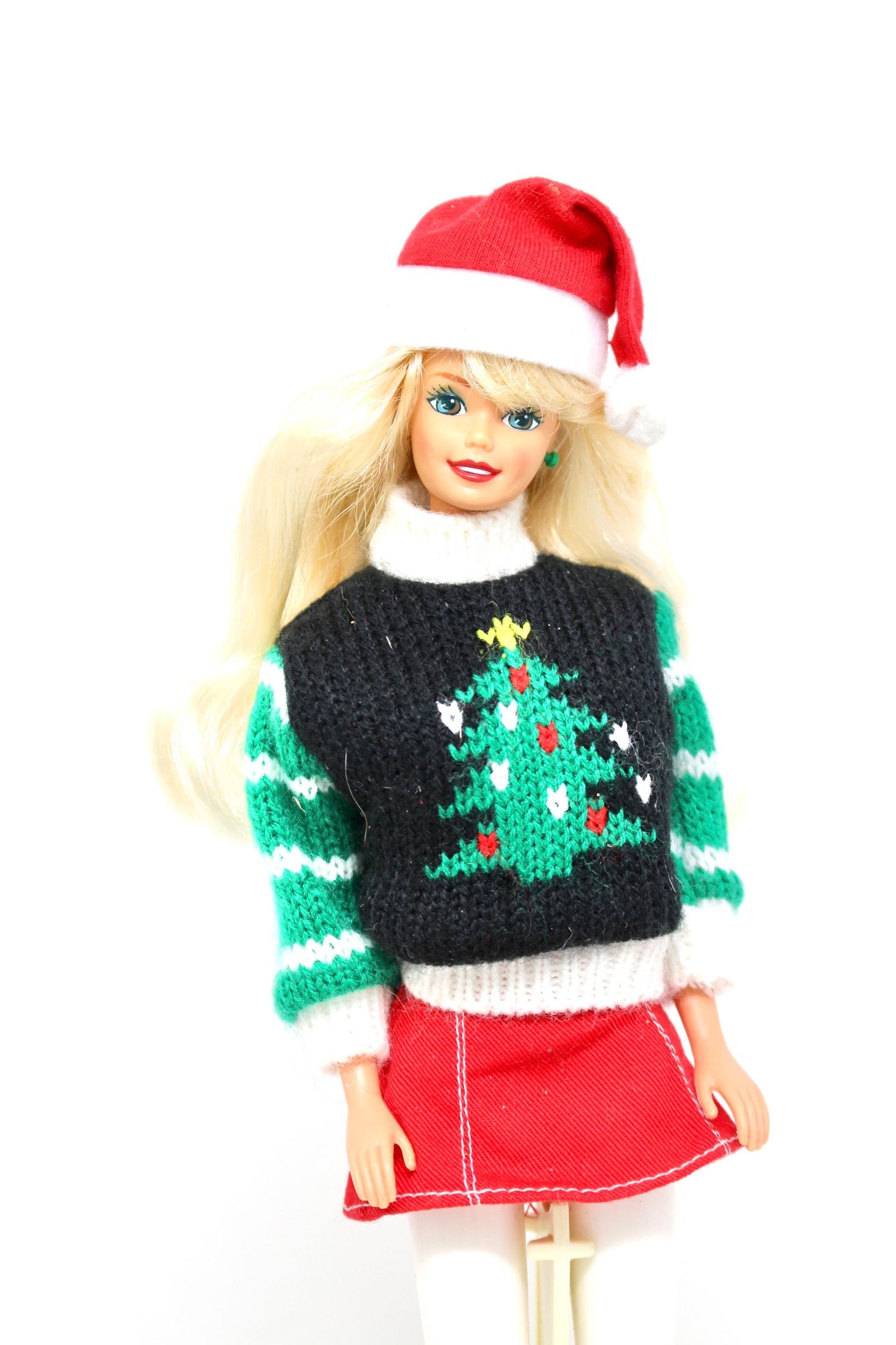 Vintage Holiday Season Barbie Doll, 1990s Holiday Barbie with Black Christmas Tree Sweater and Mini Skirt, Retro Barbie Kids Christmas Gift