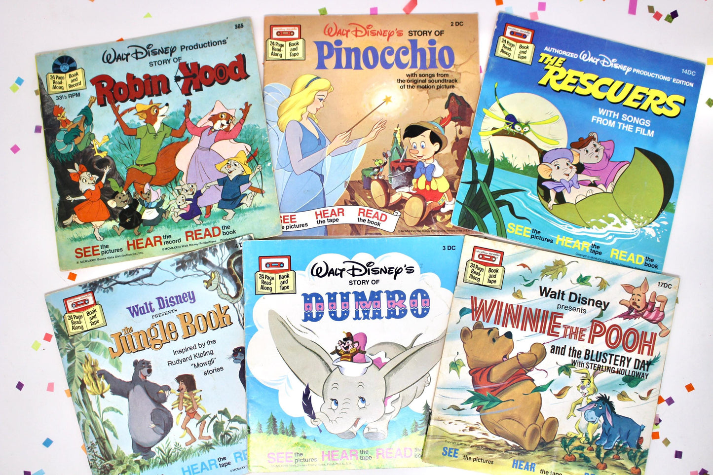 Vintage Disney Storyteller Book Set of 6, Vintage Pinocchio Jungle Book Dumbo Pooh Rescuers, 1980s See Hear Read Books