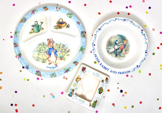 Peter Rabbit Plate Bowl Picture Frame Set, Vintage 1990s Melamine Easter Bunny Baby Kids Dinnerware, Bunny Baby Shower Gift