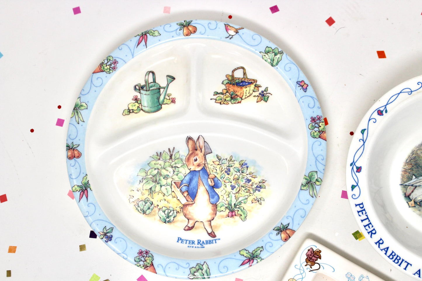 Peter Rabbit Plate Bowl Picture Frame Set, Vintage 1990s Melamine Easter Bunny Baby Kids Dinnerware, Bunny Baby Shower Gift