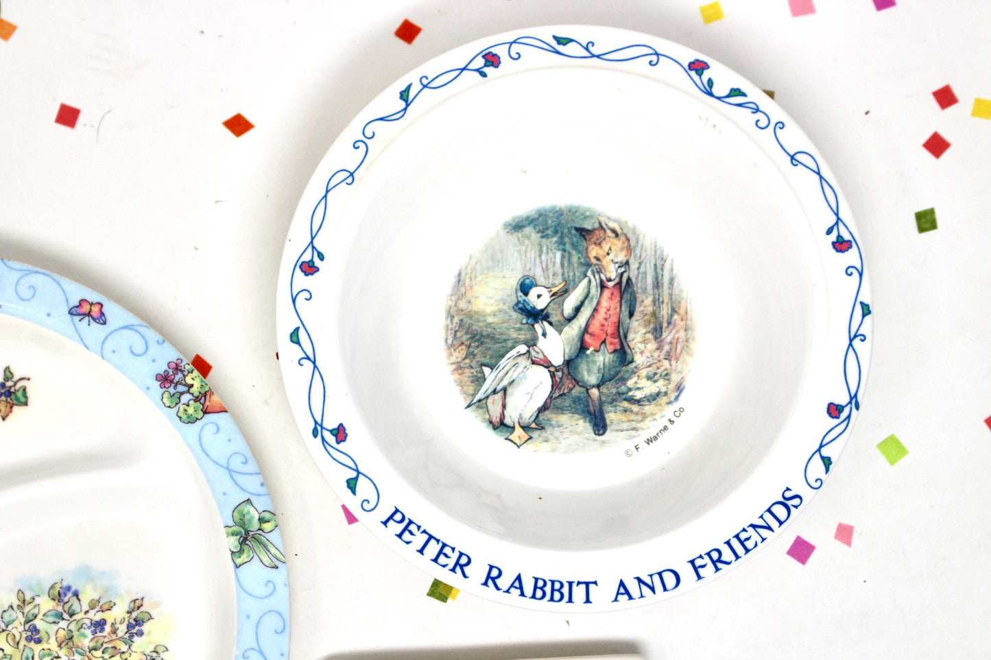 Peter Rabbit Plate Bowl Picture Frame Set, Vintage 1990s Melamine Easter Bunny Baby Kids Dinnerware, Bunny Baby Shower Gift