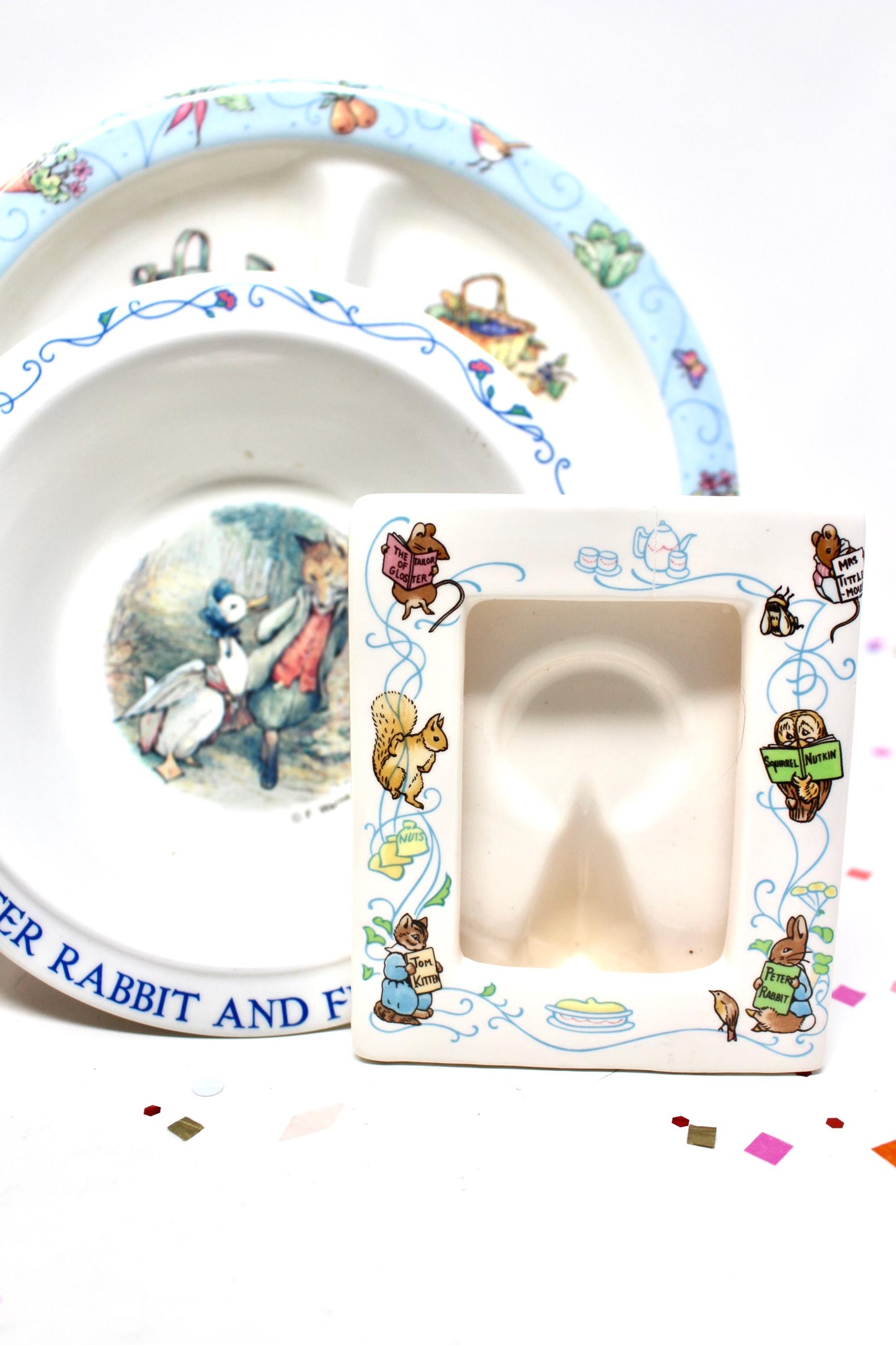 Peter Rabbit Plate Bowl Picture Frame Set, Vintage 1990s Melamine Easter Bunny Baby Kids Dinnerware, Bunny Baby Shower Gift