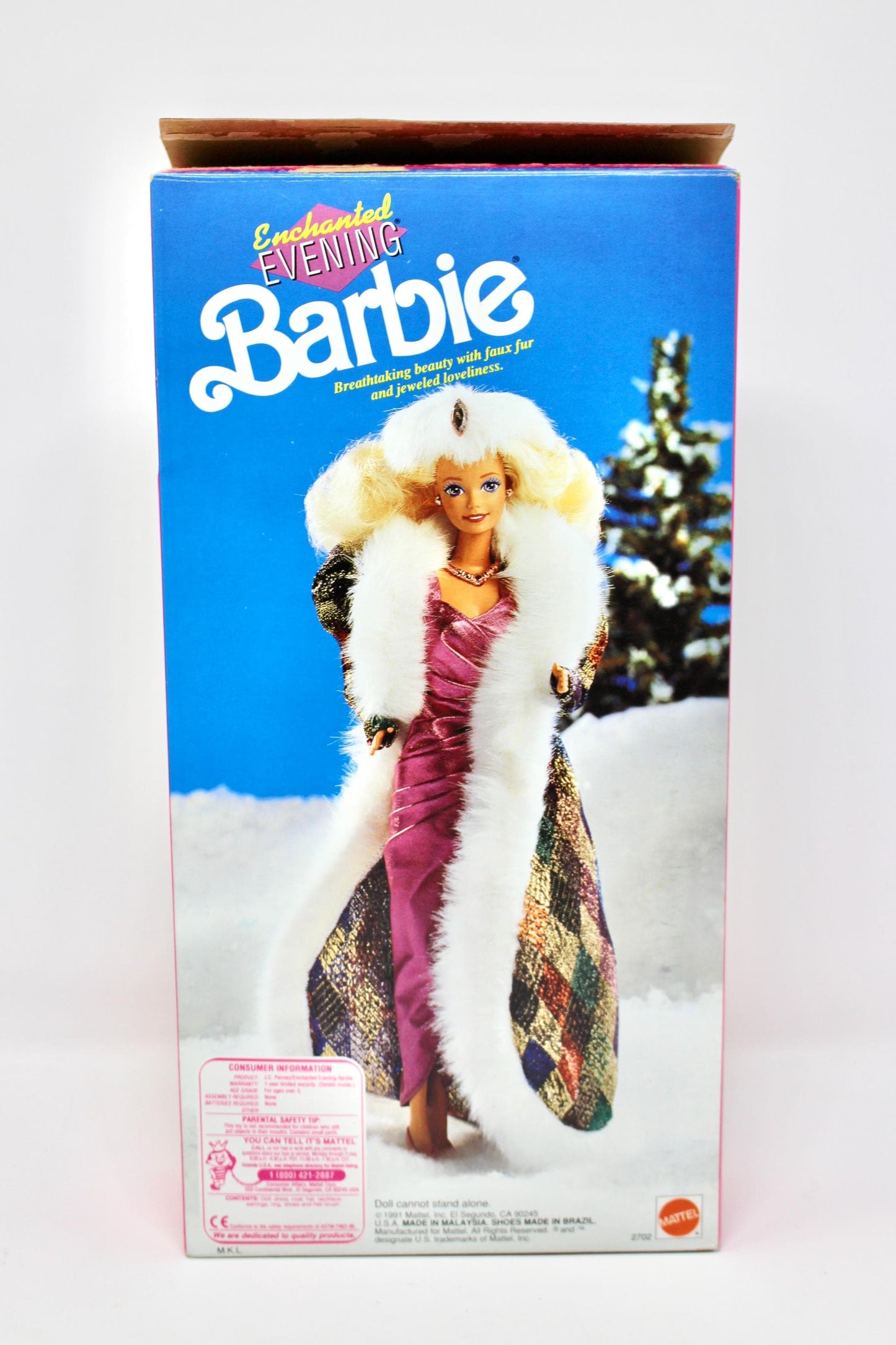 Enchanted Evening Barbie Doll in Original Box, Vintage 90s Barbie Fashion Dress Fur Coat Hat Heels Pumps, Winter Christmas Holiday Barbie