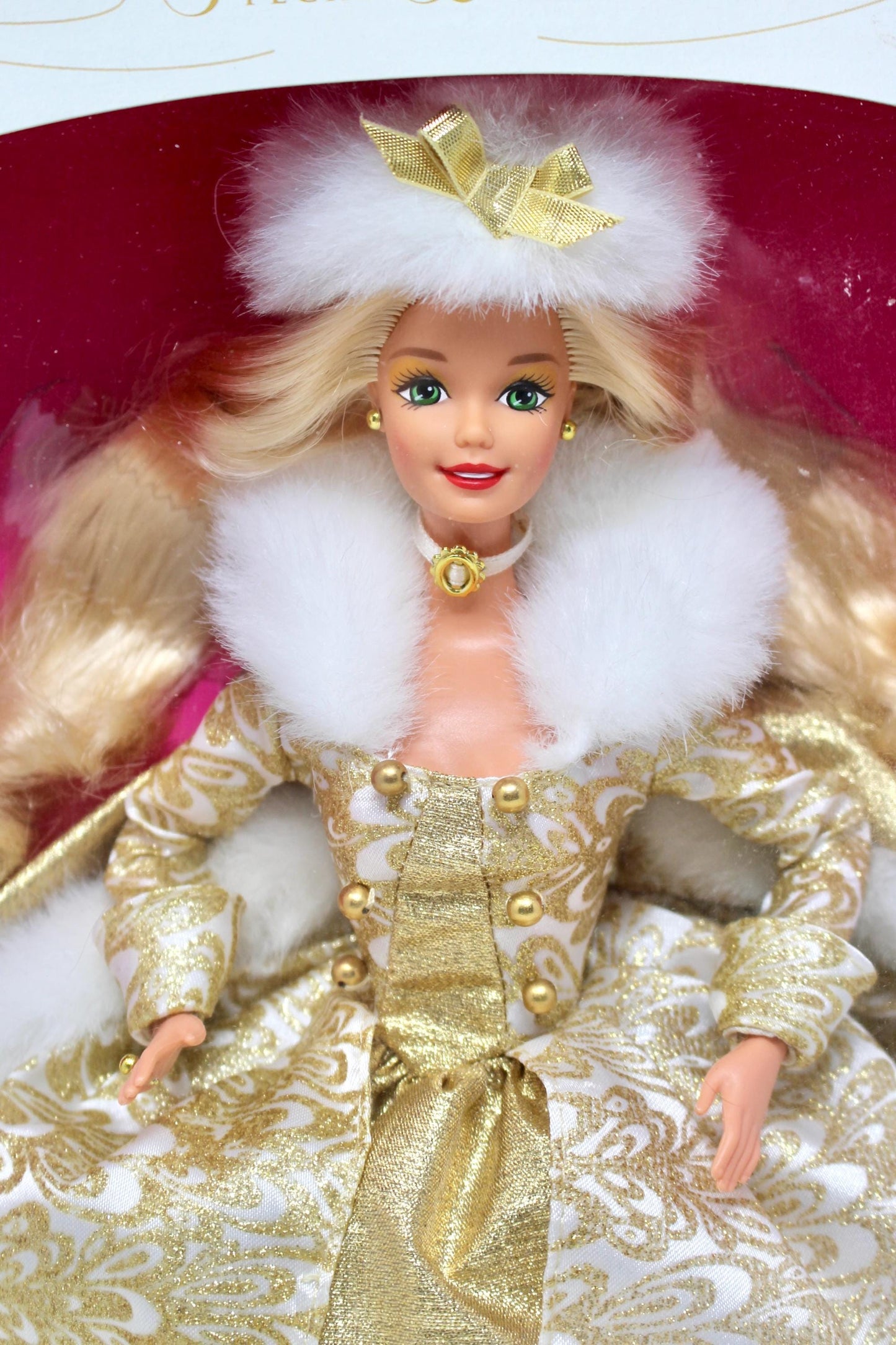 Winter Fantasy Barbie Doll in Original Box, Vintage 90s Blonde Barbie in Gold Fur Fashion Dress, Winter Christmas Holiday Barbie Doll