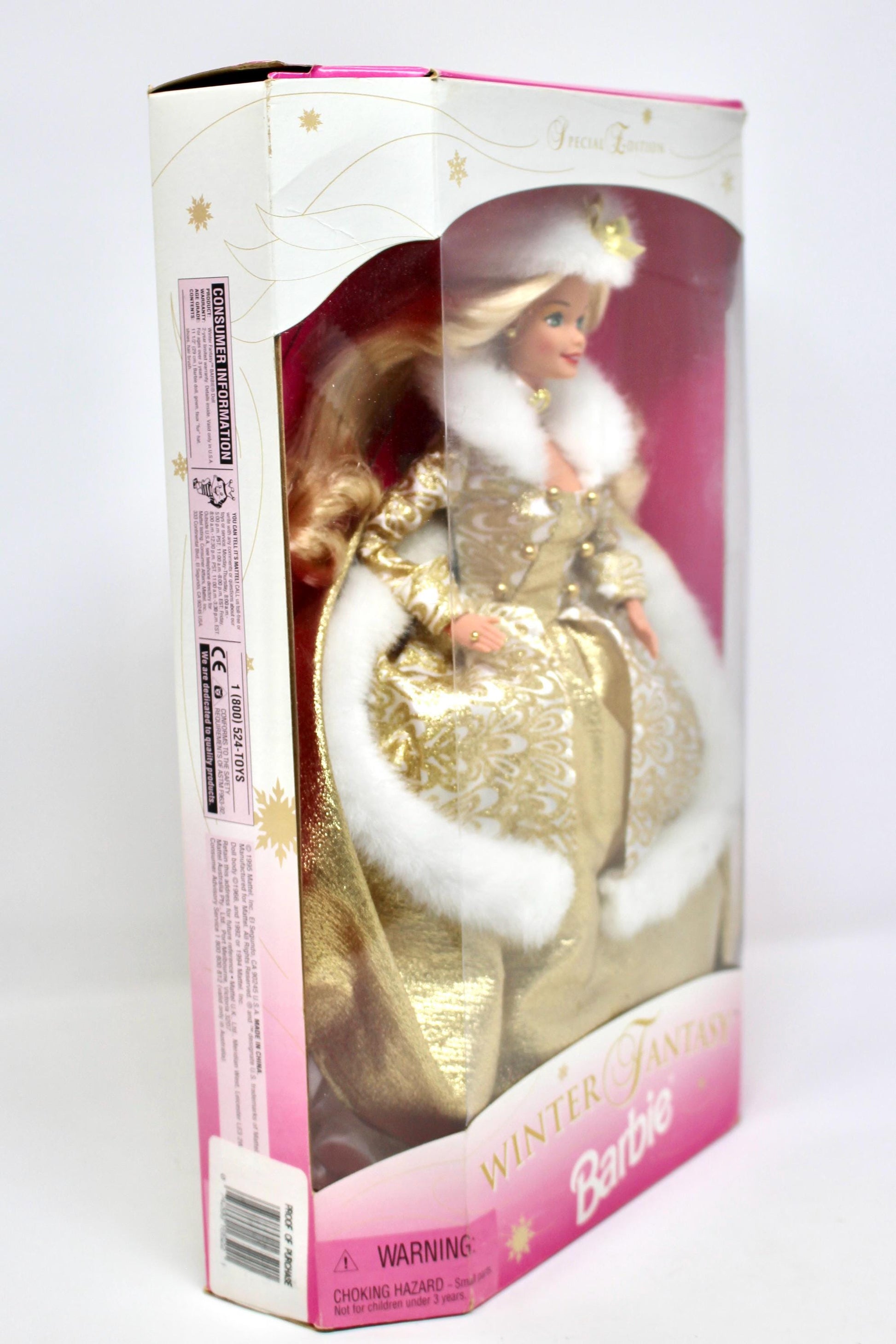 Winter Fantasy Barbie Doll in Original Box, Vintage 90s Blonde Barbie in Gold Fur Fashion Dress, Winter Christmas Holiday Barbie Doll