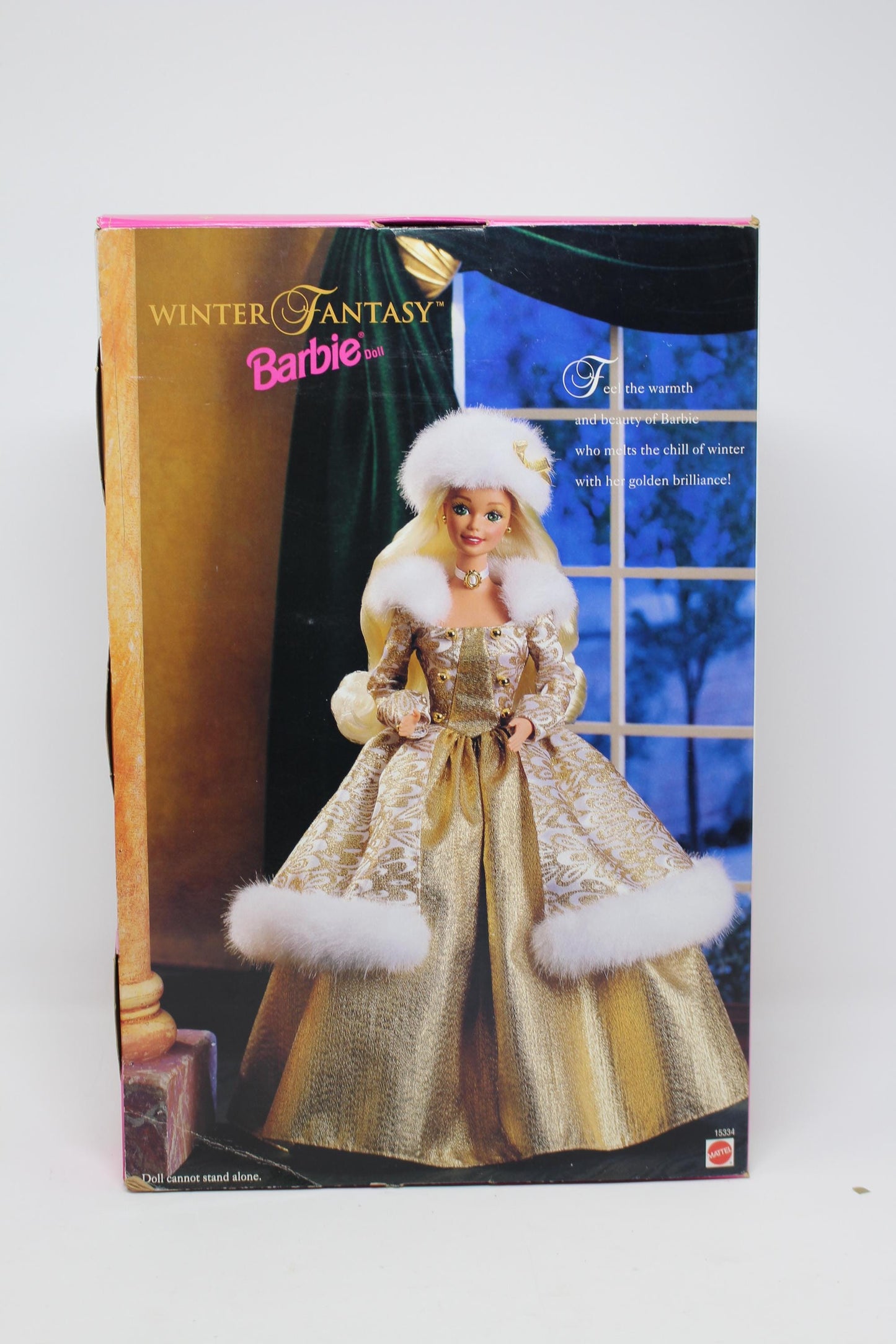 Winter Fantasy Barbie Doll in Original Box, Vintage 90s Blonde Barbie in Gold Fur Fashion Dress, Winter Christmas Holiday Barbie Doll