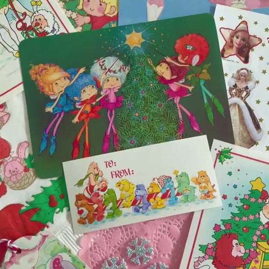 Vintage Christmas Ephemera Pack, 80s Kids Paper Stickers, Barbie, Care Bears,  Rainbow Brite, SSC, Retro Holiday Cards Gift Tags Seals