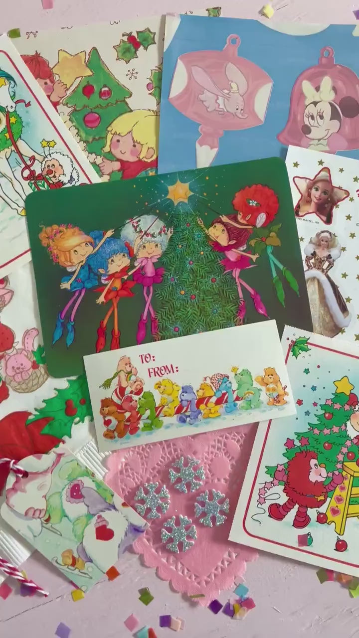 Vintage Christmas Ephemera Pack, 80s Kids Paper Stickers, Barbie, Care Bears,  Rainbow Brite, SSC, Retro Holiday Cards Gift Tags Seals