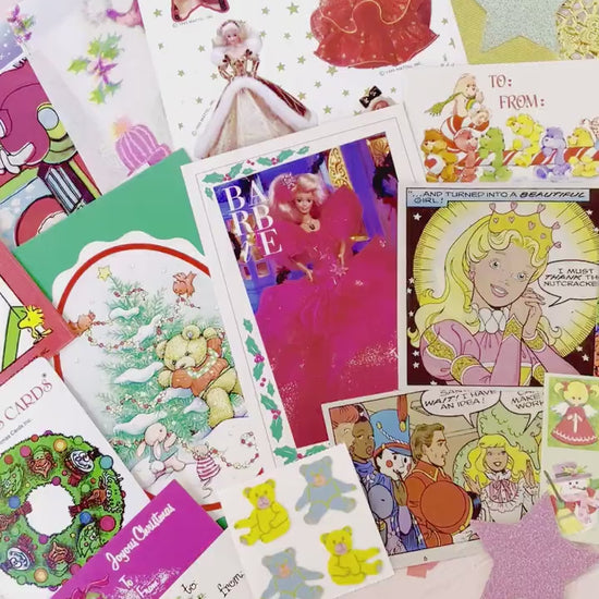 Vintage Christmas Ephemera Pack, Vintage 80s Kids Paper Stickers, Barbie, Care Bears,  Hugglesbie, Retro Holiday Cards Gift Tags Seals