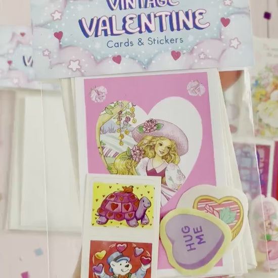 80s Girl Nostalgia Valentine Card Pack, 80s 90s Mystery Cards and Sticker Set, Lady Lovely Locks Barbie Disney Popples Peppermint Rose Cards