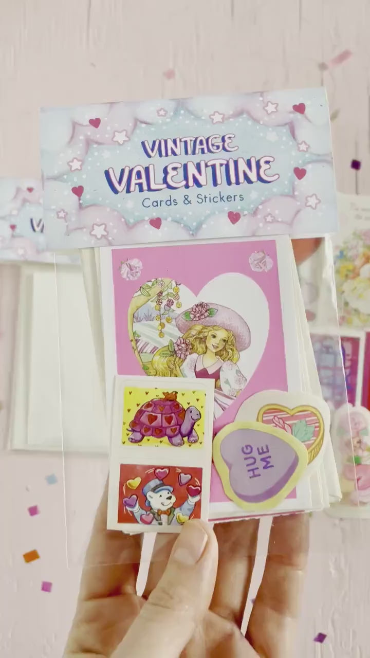 80s Girl Nostalgia Valentine Card Pack, 80s 90s Mystery Cards and Sticker Set, Lady Lovely Locks Barbie Disney Popples Peppermint Rose Cards