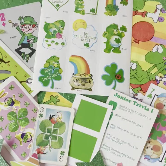 St Patricks Day Stationery Ephemera Pack, Vintage Good Luck Care Bear Stickers, Retro St Pattys Playing Cards, Green Junk Journal Supplies