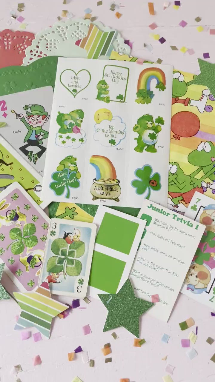 St Patricks Day Stationery Ephemera Pack, Vintage Good Luck Care Bear Stickers, Retro St Pattys Playing Cards, Green Junk Journal Supplies