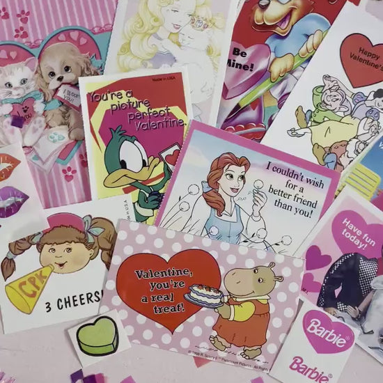 Vintage Classroom Valentine Card Sticker Pack, Retro 90s Valentines Day Cards for Kids, 90s Girl Pink Cartoon Toy Theme Valentines Gift