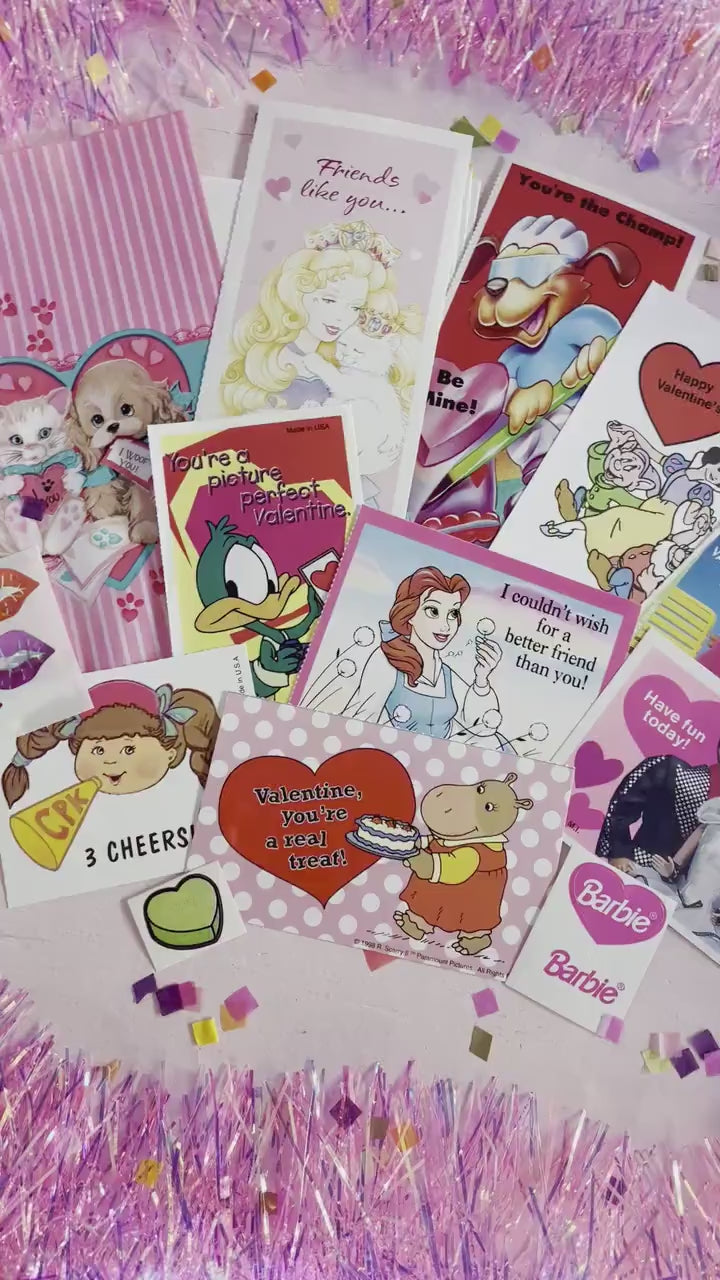 Vintage Classroom Valentine Card Sticker Pack, Retro 90s Valentines Day Cards for Kids, 90s Girl Pink Cartoon Toy Theme Valentines Gift