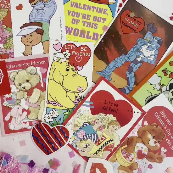 Vintage Classroom Valentine Card and Sticker Pack, Retro 80s Valentines Day Cards for Kids, Rainbow Brite Barbie Care Bears Paper Ephemera