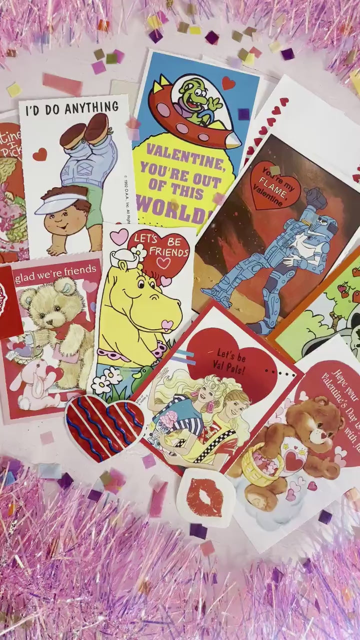 Vintage Classroom Valentine Card and Sticker Pack, Retro 80s Valentines Day Cards for Kids, Rainbow Brite Barbie Care Bears Paper Ephemera