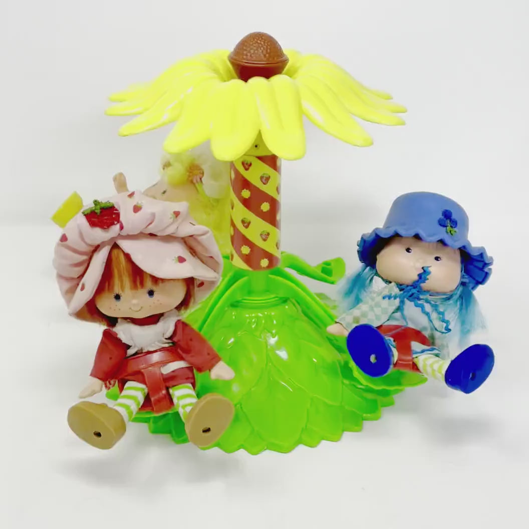 Strawberry Shortcake Carousel with Box, Vintage 80s SSC Red Yellow Flower Twirling Play Set