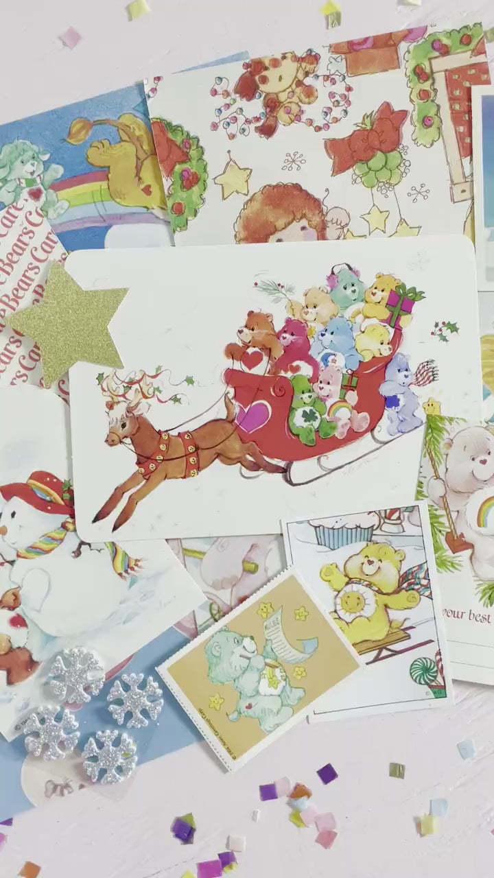 Vintage Christmas Ephemera Pack, 80s Care Bear Postcard Stickers Gift Tags, Retro 80s Kid Cartoon Collectible Paper Bundle, Christmas Crafts