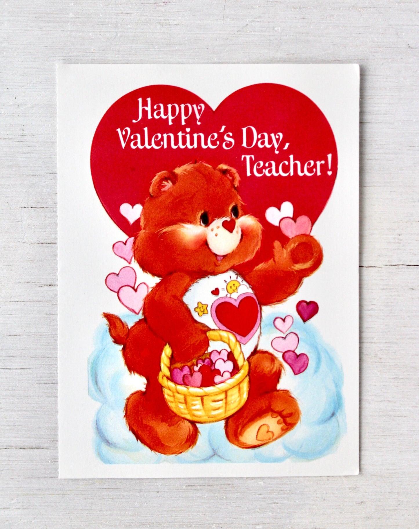 Vintage 80s Care Bear Teacher Valentine Card with Envelope- Vintage Care Bear Valentine Red Heart Paper Craft Ephemera Junk Journals