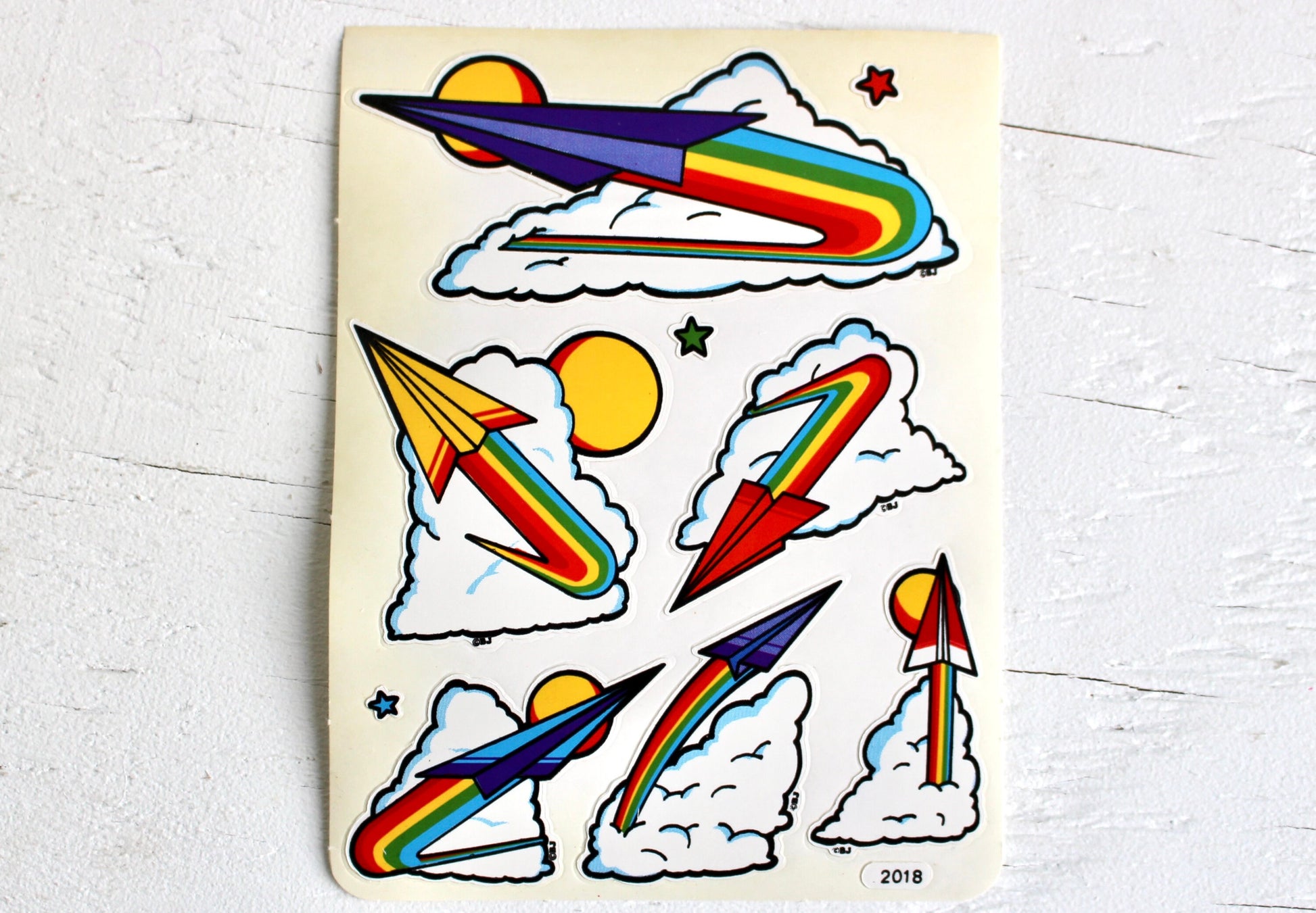 Vintage 80s Rainbow Rocket Stickers, 80s Retro Paper Airplane Sticker Sheet, Planner Scrapbook Junk Journal Supplies