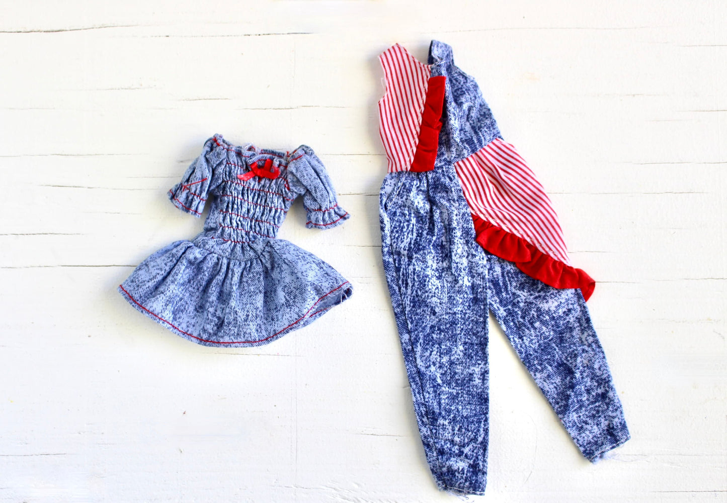 90s Barbie Doll Clothes, Vintage Red White Blue Jeans Barbie and Skipper Dress and Jumpsuit Fashions