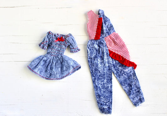 90s Barbie Doll Clothes, Vintage Red White Blue Jeans Barbie and Skipper Dress and Jumpsuit Fashions