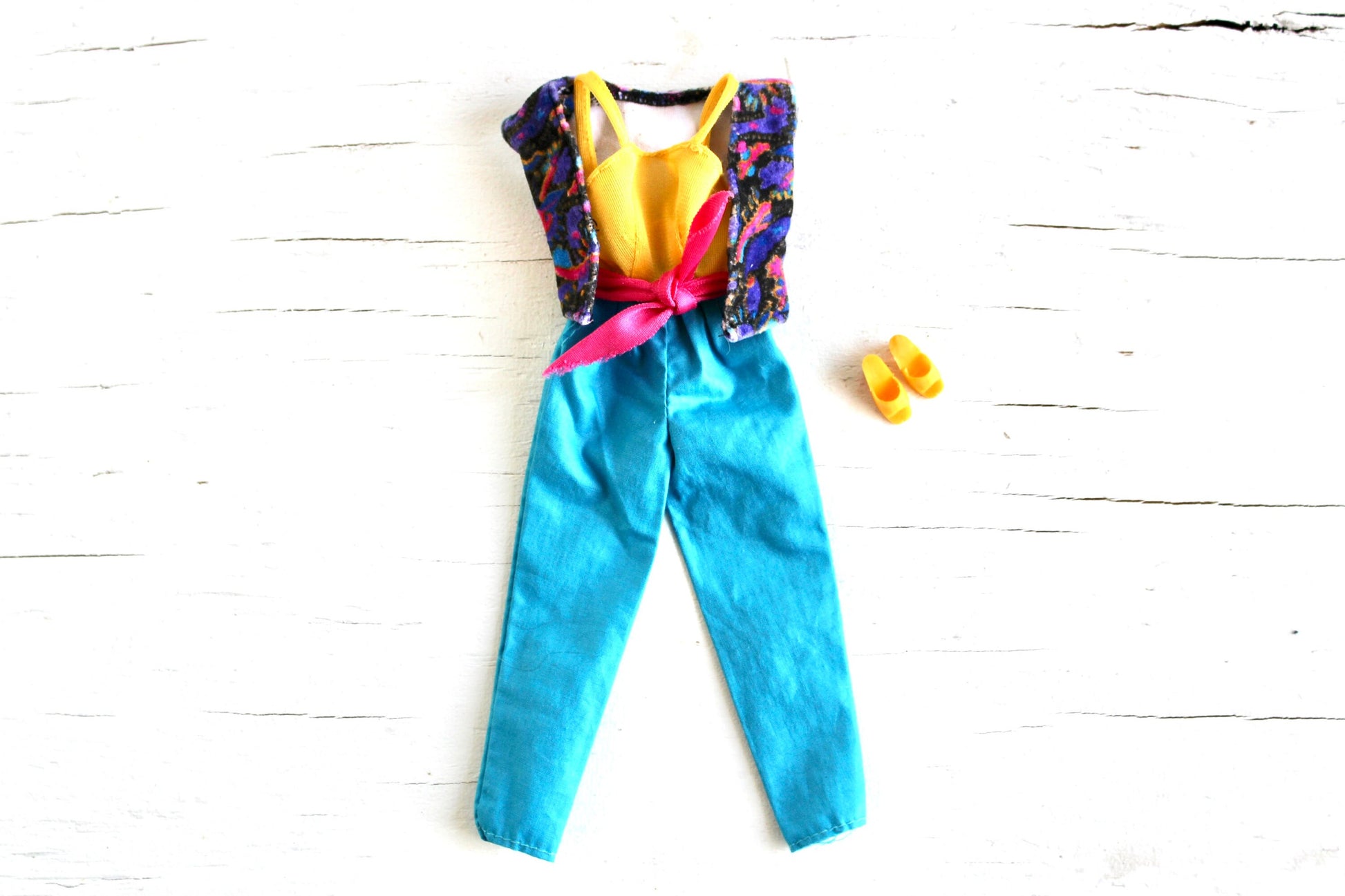 Barbie Doll Clothes, RARE My First Barbie Easy On Fashions #4839, 1990 Barbie Blue and Yellow Jumpsuit with Paisley Bolero