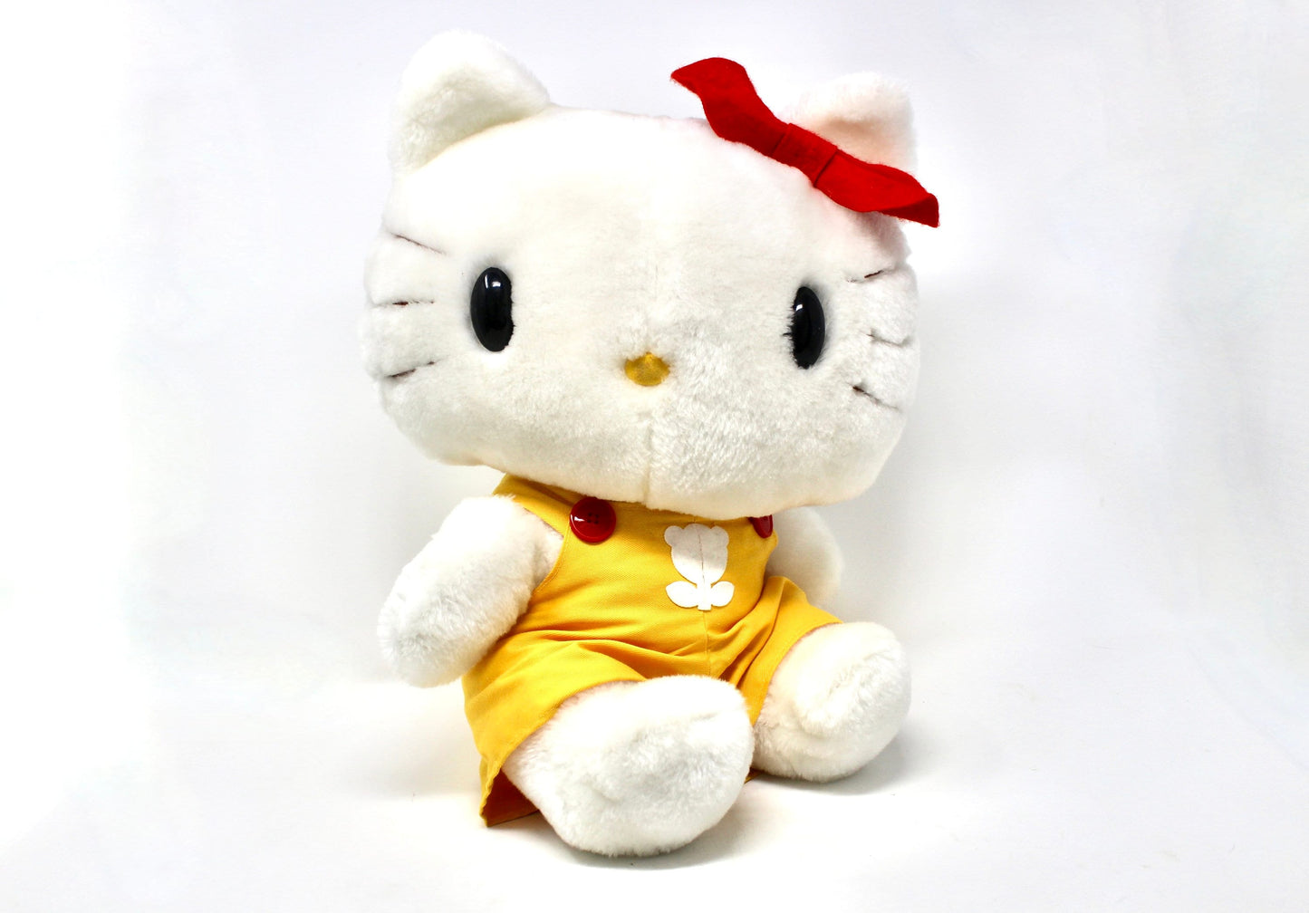 Hello Kitty Plush with Yellow Overalls and Red Bow, Vintage Hello Kitty Stuffed Animal Toy