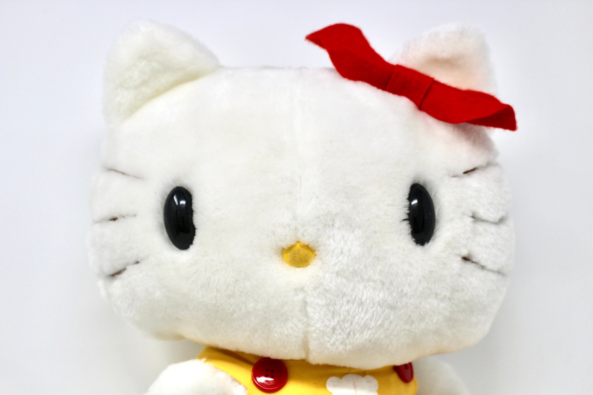 Hello Kitty Plush with Yellow Overalls and Red Bow, Vintage Hello Kitty Stuffed Animal Toy