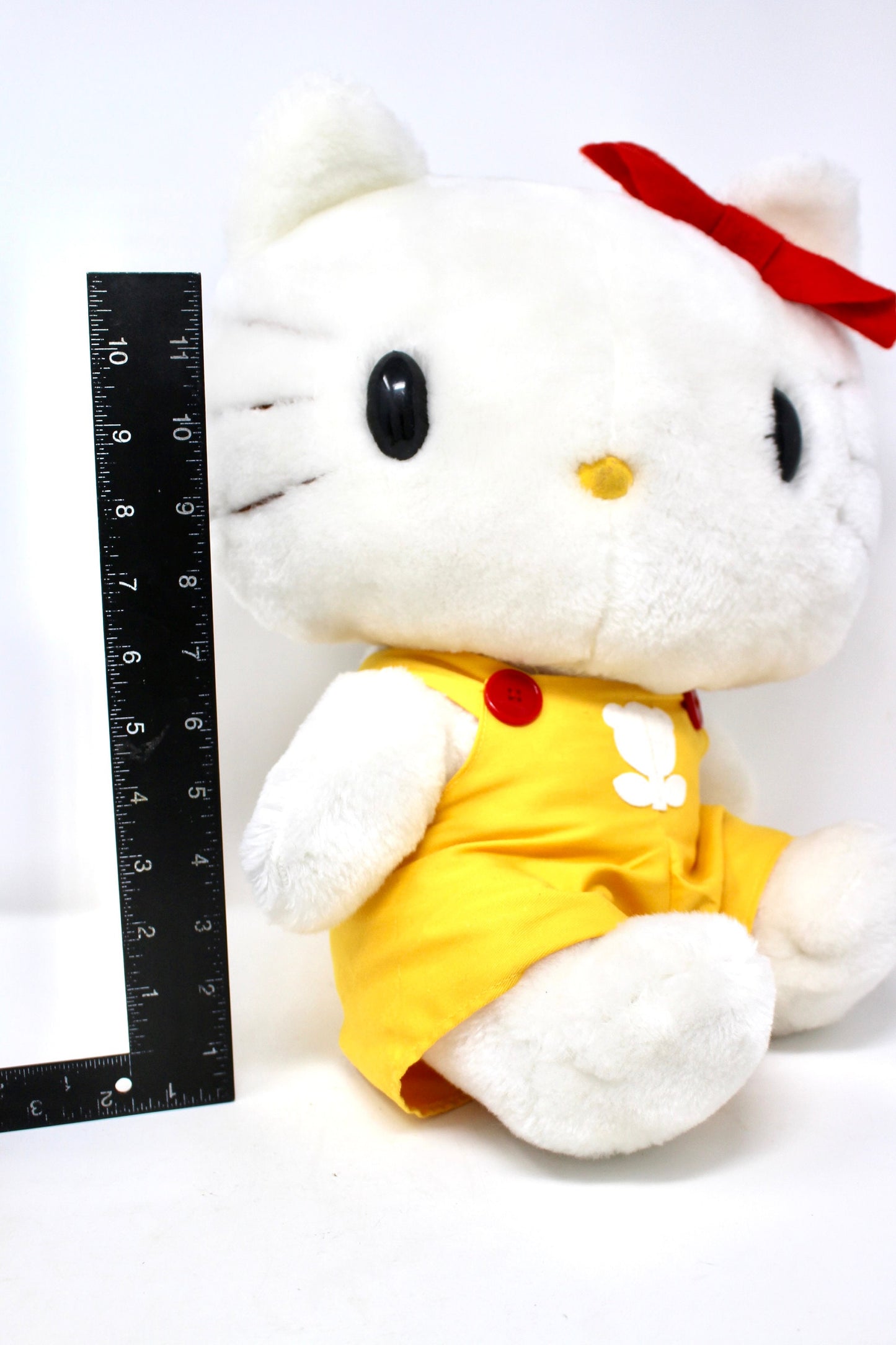 Hello Kitty Plush with Yellow Overalls and Red Bow, Vintage Hello Kitty Stuffed Animal Toy