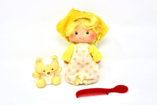 Butter Cookie Strawberry Shortcake Doll with Jelly Bear Pet and Comb, Vintage 80s SSC Yellow Polka Dot Dress Scented Toys