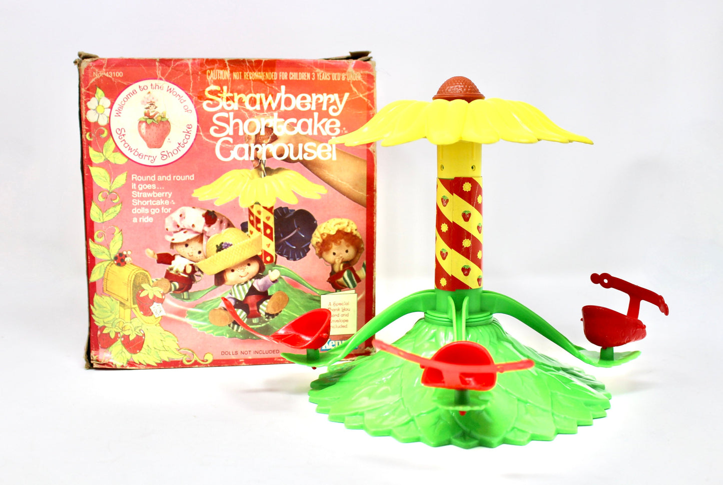 Strawberry Shortcake Carousel with Box, Vintage 80s SSC Red Yellow Flower Twirling Play Set