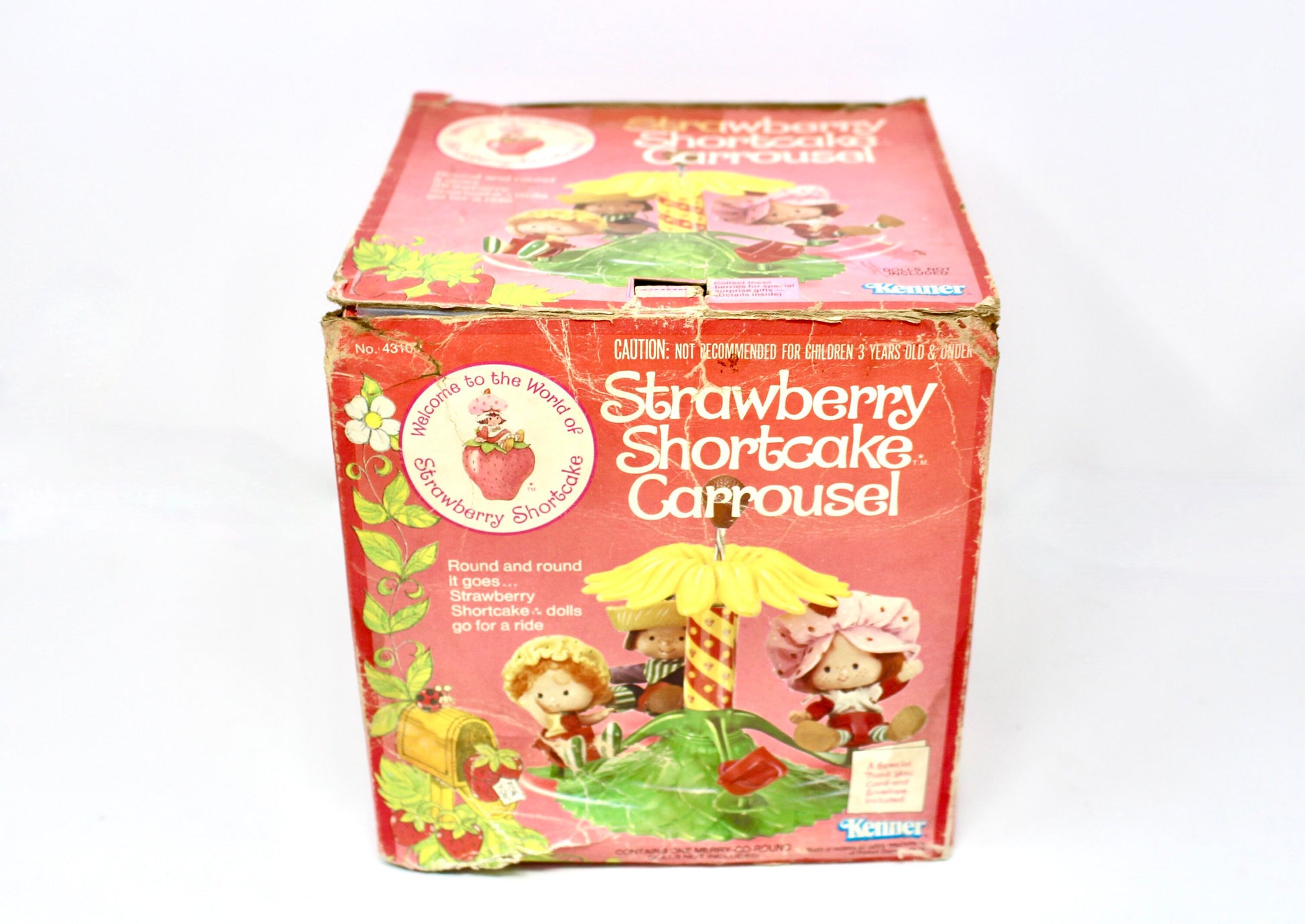 Strawberry Shortcake Carousel with Box, Vintage 80s SSC Red Yellow Flower Twirling Play Set