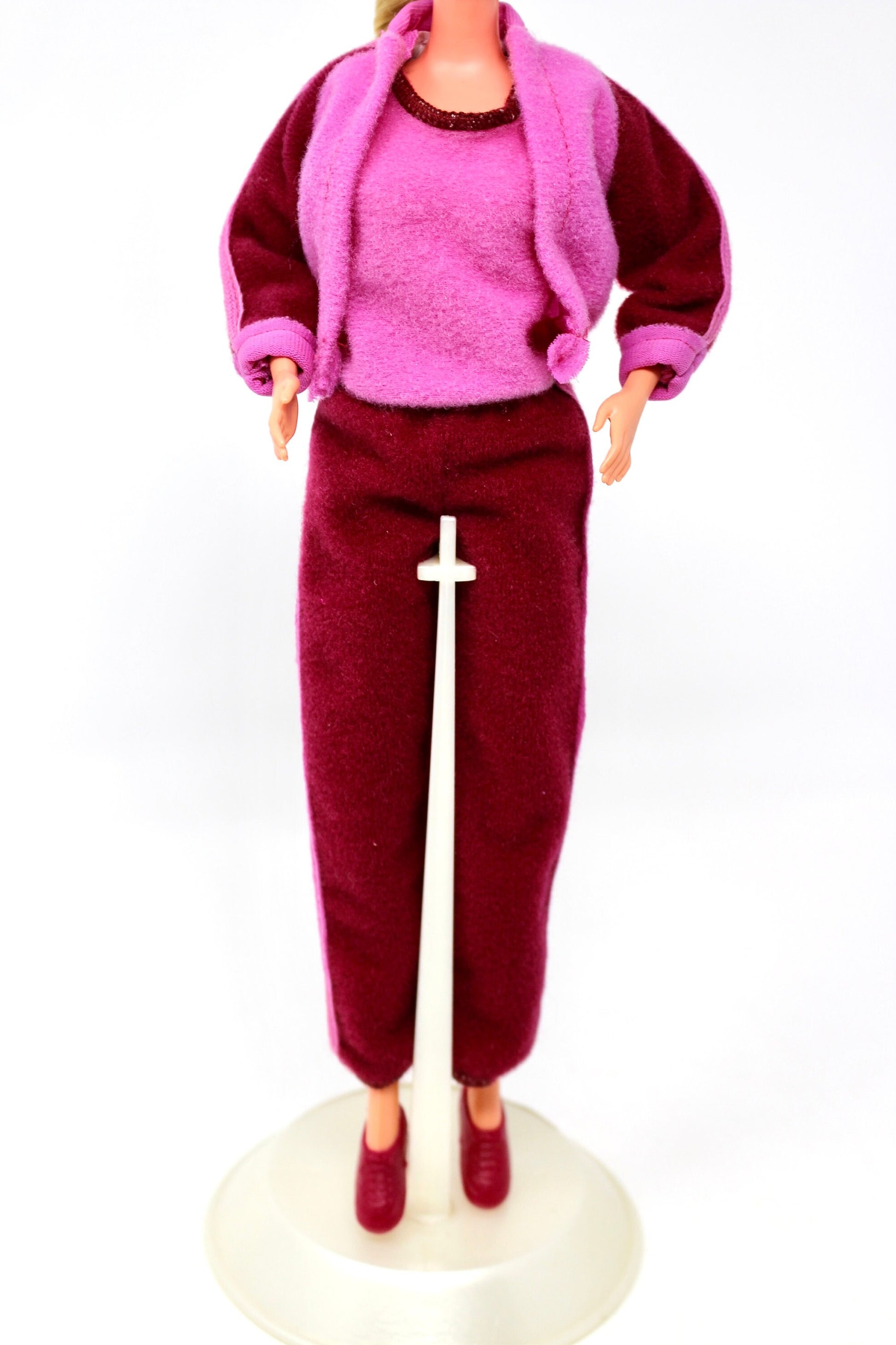 RARE Barbie Fashion Favorites #3790 Outfit Only, Maroon Pink Sweatsuit Track Suit for Superstar Era Barbie Dolls, 1980s Active Wear Clothes