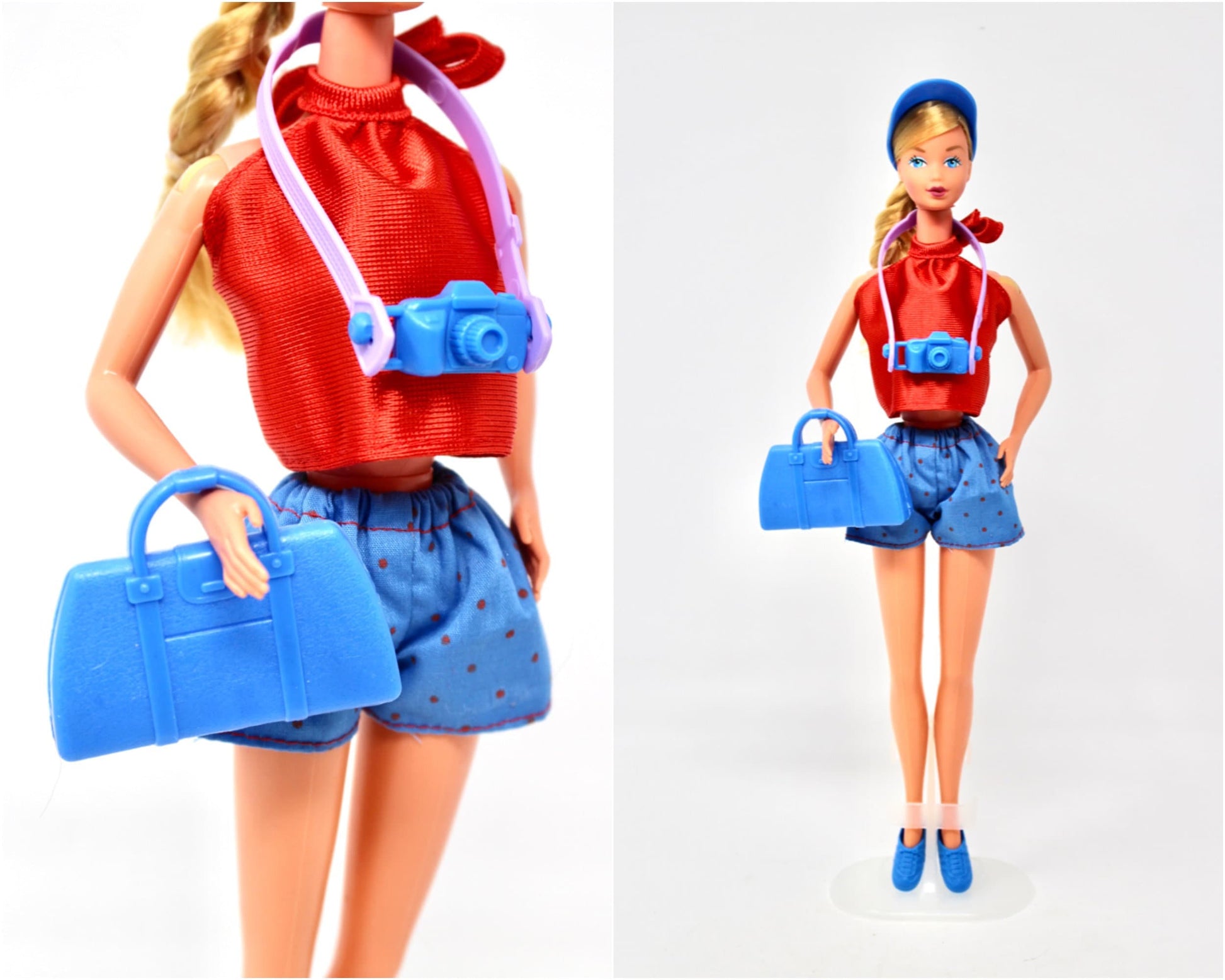 Beach Blast Barbie Fashions #713-6 Outfit Only, Vintage Blue Red Shorts Halter Top Beach Clothes for 80s Barbie Dolls