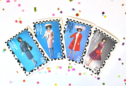 Brunette American Girl Barbie Doll Fashion Trading Card Set of 4, Vintage 60s Mod Barbie Fashion Cards