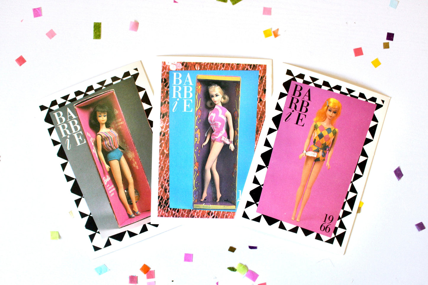 60s Mod Barbie Fashion Trading Card Set of 3, Twist Barbie Color Magic Bendable Leg Fashion Cards