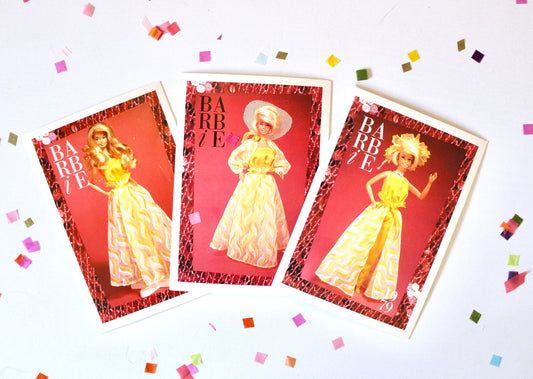 Pretty Changes Barbie Fashion Trading Card Set of 3, Vintage Yellow Superstar Era Barbie Fashion Cards