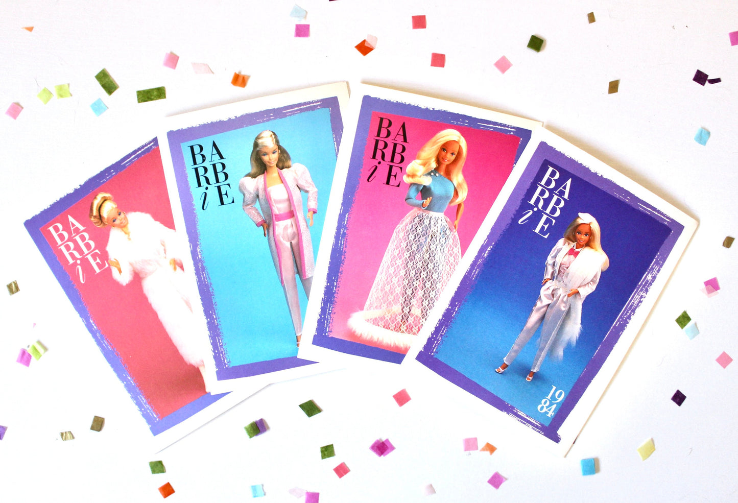 Designer Collection Barbie Fashion Trading Card Set of 4, 80s Vintage Superstar Barbie Fashion Cards