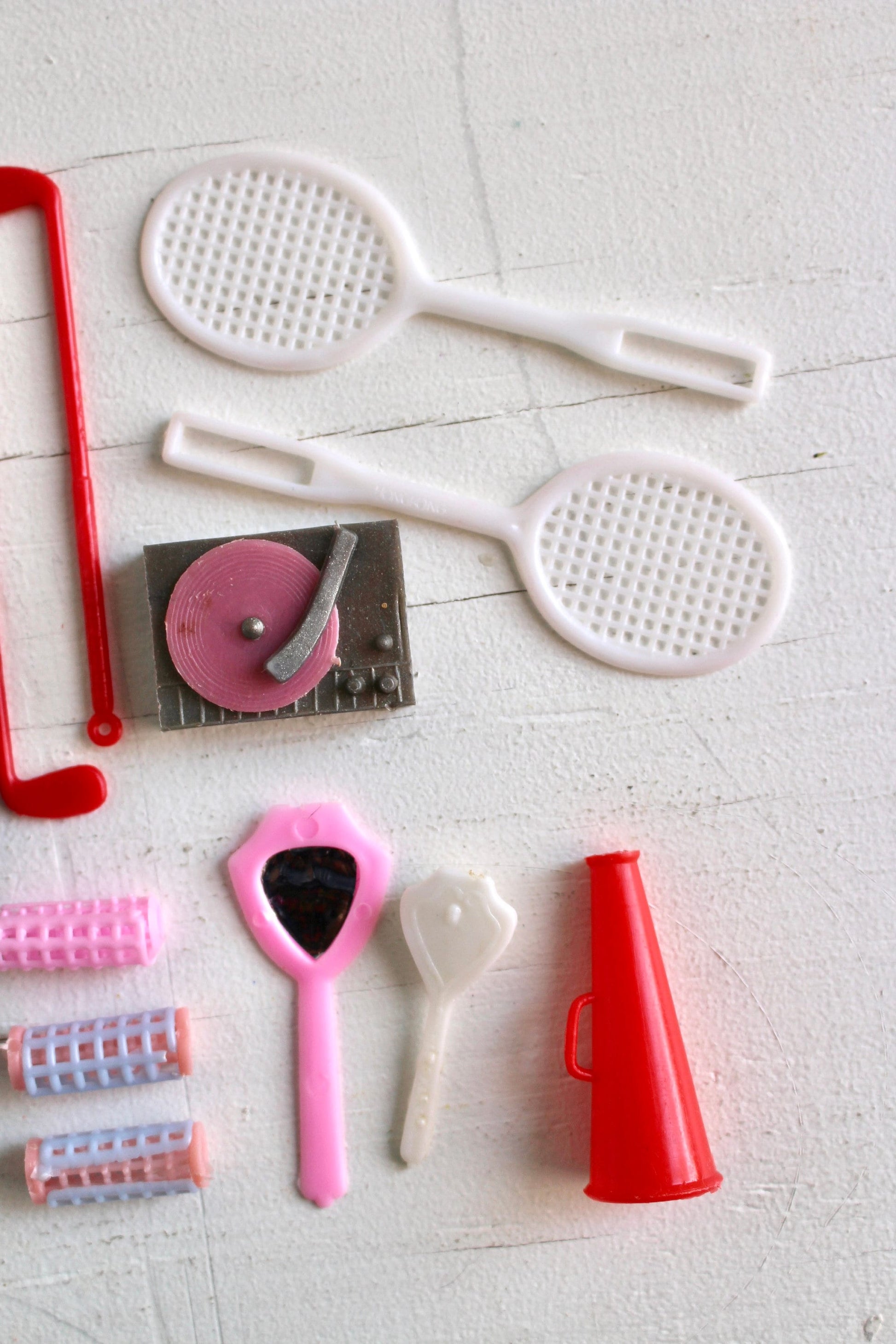 Totsy Barbie Accessories Lot, Vintage 80s Red Pink White Barbie Doll House Wardrobe Sport Music Miniatures