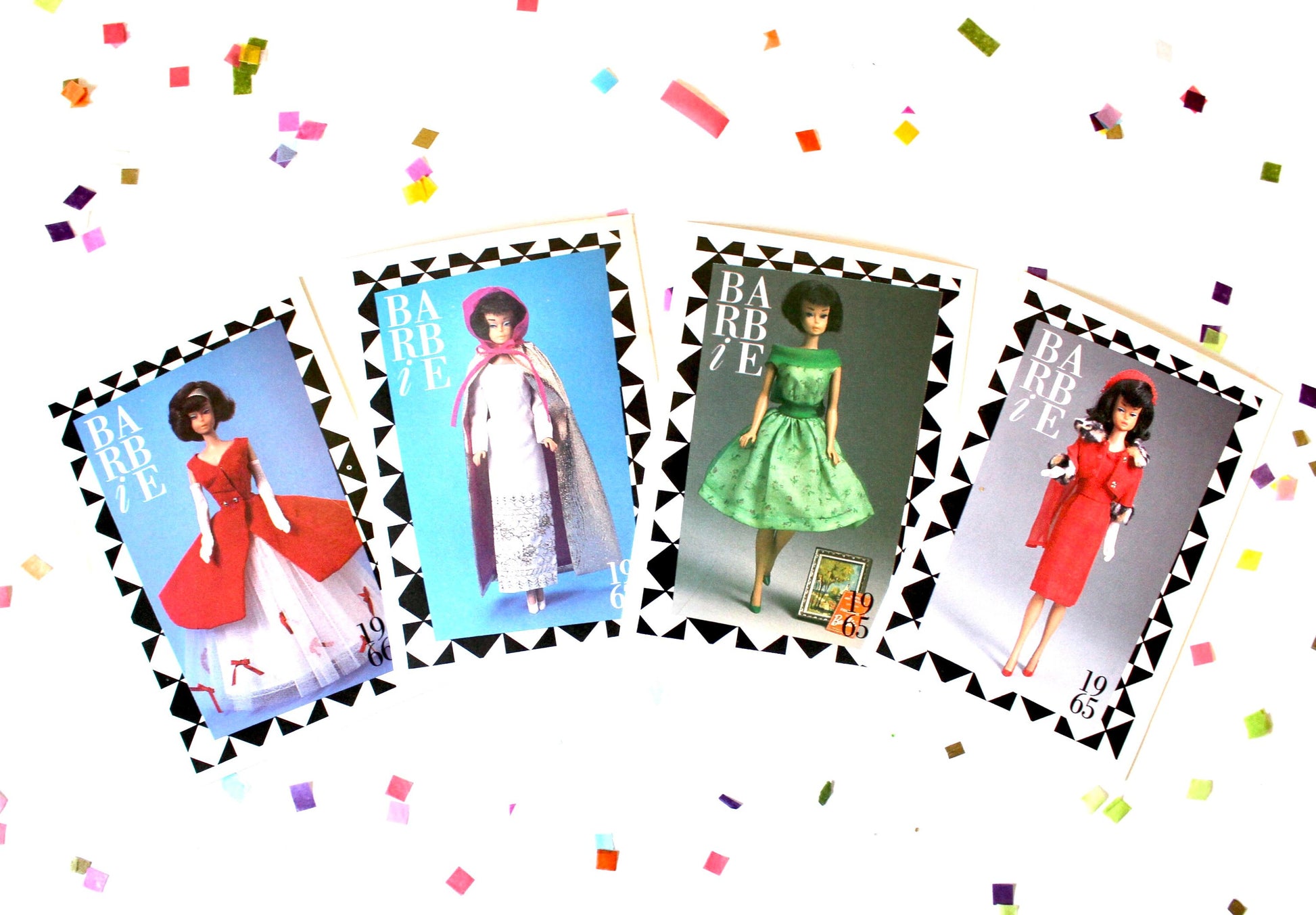 Brunette American Girl Barbie Doll Fashion Trading Card Set of 4, Vintage 60s Mod Barbie Fashion Cards