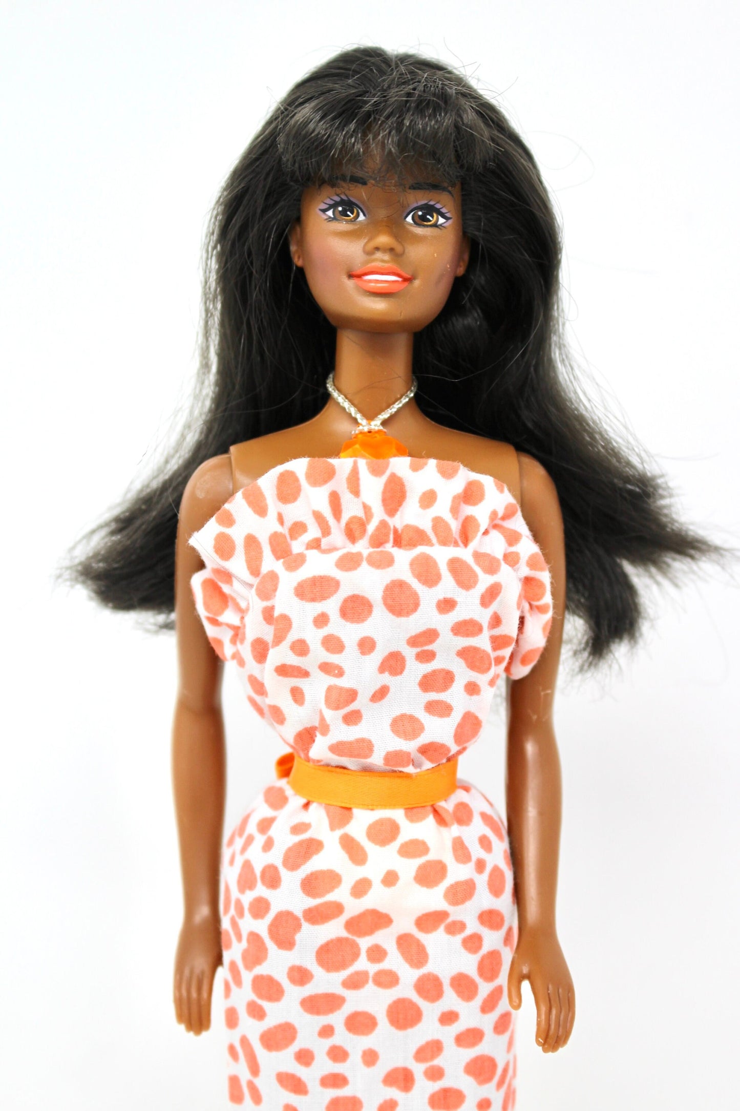 AA Christie Barbie Doll in Feeling Pretty Barbie Fashion #1524, Vintage 80s Orange Pattern Maxi Dress with African American Doll