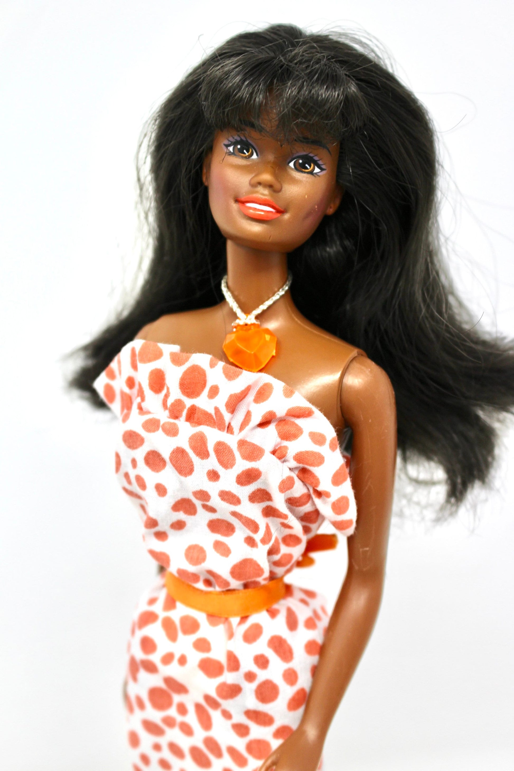 AA Christie Barbie Doll in Feeling Pretty Barbie Fashion #1524, Vintage 80s Orange Pattern Maxi Dress with African American Doll