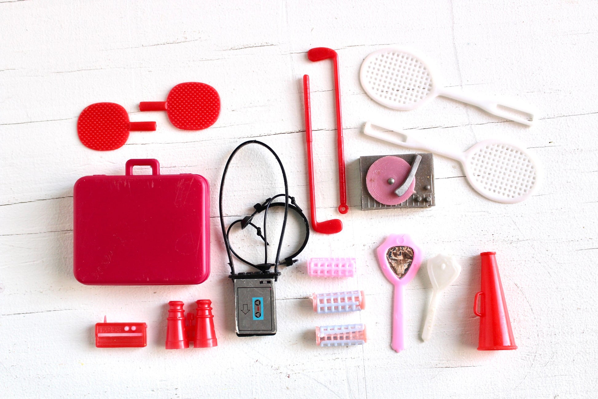 Totsy Barbie Accessories Lot, Vintage 80s Red Pink White Barbie Doll House Wardrobe Sport Music Miniatures