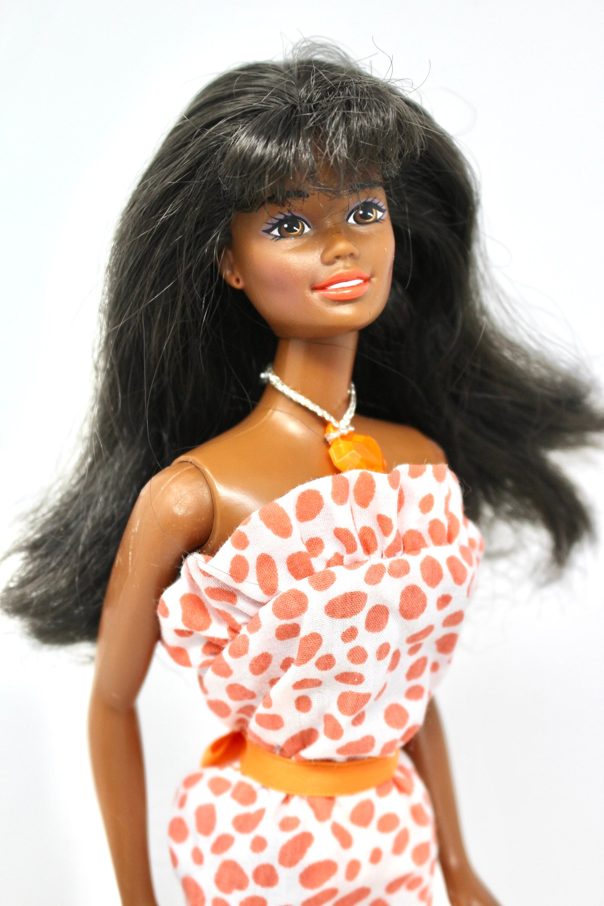 AA Christie Barbie Doll in Feeling Pretty Barbie Fashion #1524, Vintage 80s Orange Pattern Maxi Dress with African American Doll