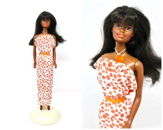 AA Christie Barbie Doll in Feeling Pretty Barbie Fashion #1524, Vintage 80s Orange Pattern Maxi Dress with African American Doll