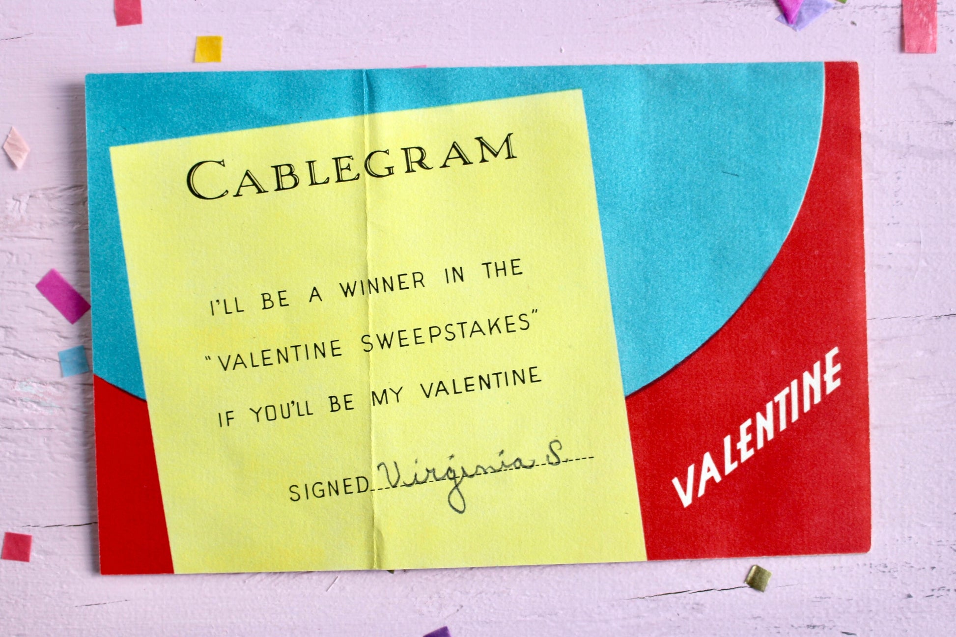 50s Mailman Valentines Day Greeting Card, Vintage Retro Telegram Collectible Valentines Paper Decor and Crafts