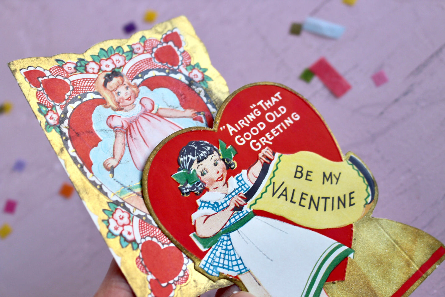 1940s Golden Girl Die Cut Heart Valentines Day Greeting Card Set of 2, Vintage Retro Collectible Valentines Paper Decor and Crafts