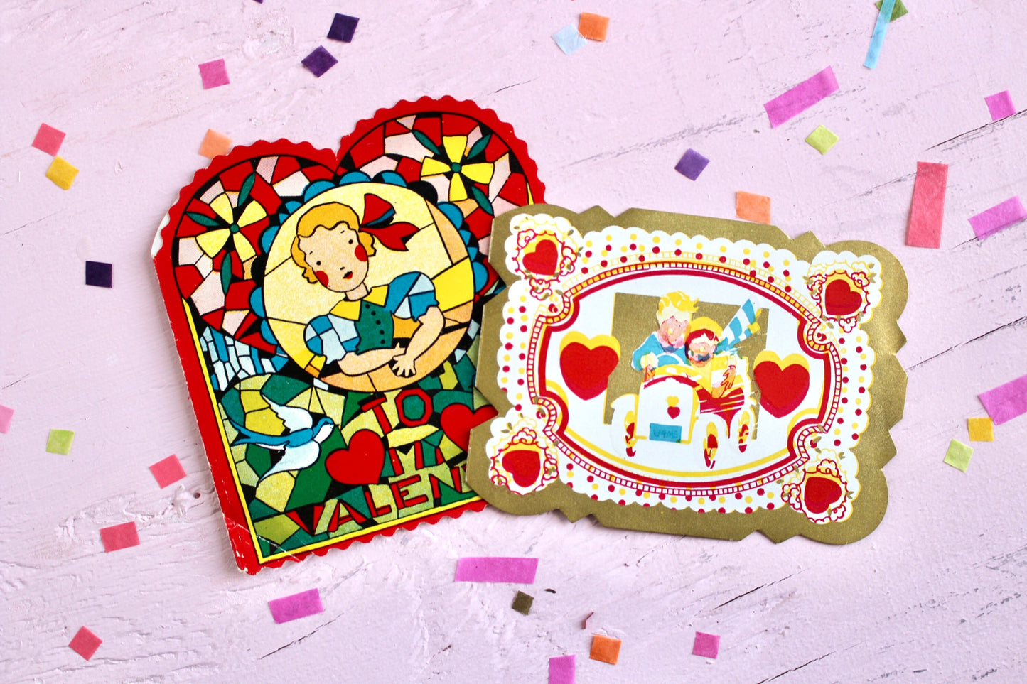 Vintage Die Cut Heart Valentines Day Greeting Card Set of 2, 1930s Metallic Gold Retro Collectible Valentines Paper Decor and Crafts